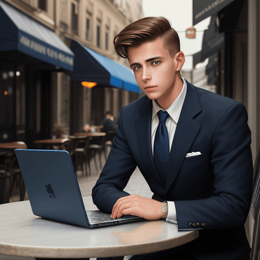AI generated: portrait of a young man in a dark blue business suit with a laptop in his hands sitting at a table i...