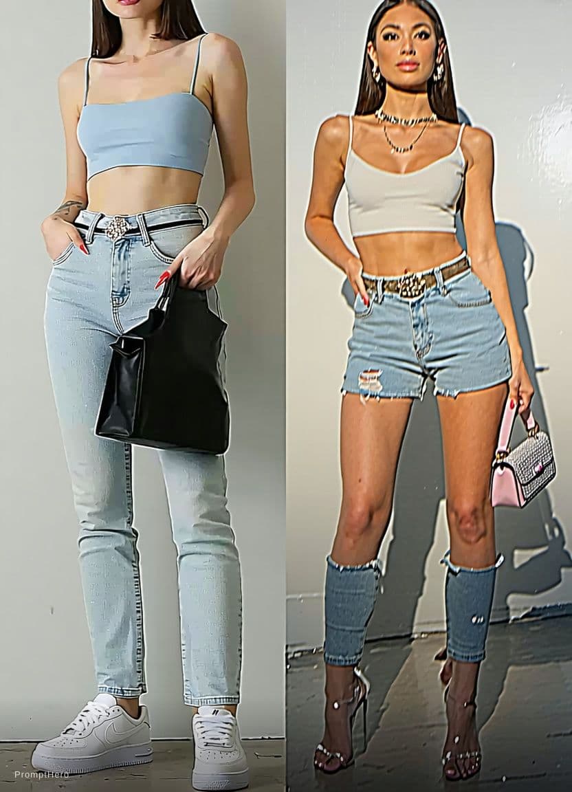 AI generated: size image,, white sneakers,soft thighs, thigt jeans pants,Garage Sleek Scoop Cami long Top Sky Blue...