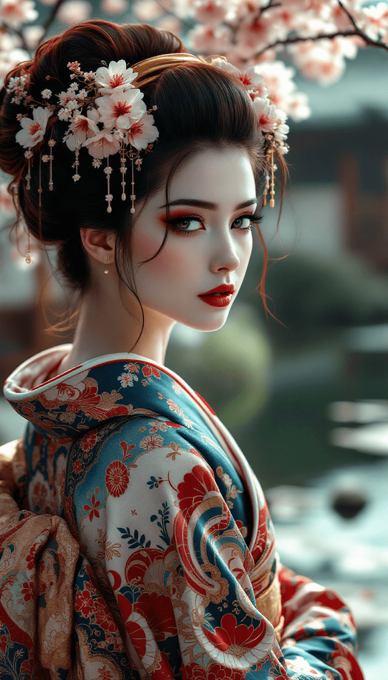 AI generated: A refined geisha with dark auburn hair styled in a traditional updo, adorned with hairpins and flowe...