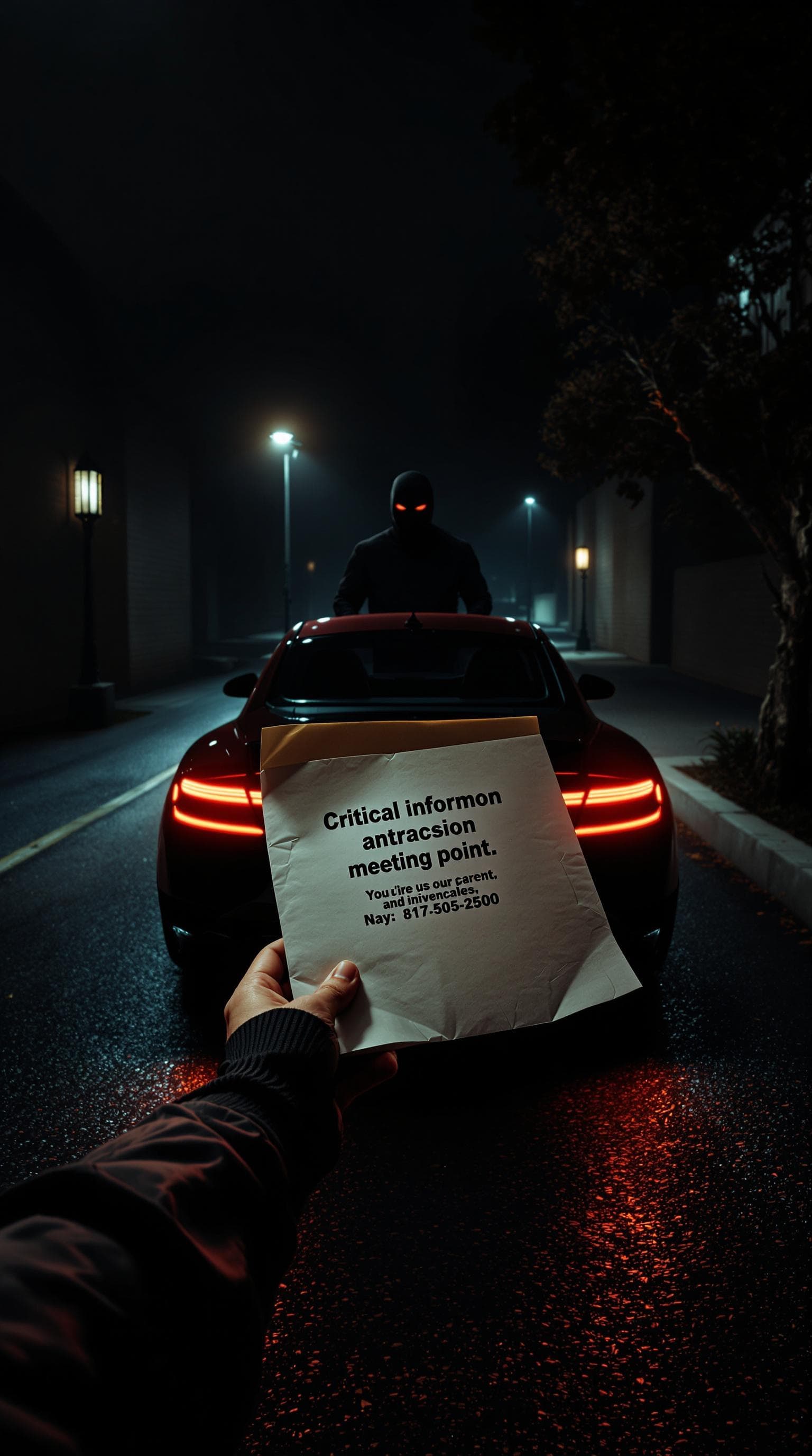AI generated: "First-person perspective of a person arriving at a secret meeting point. You park your luxury car i...