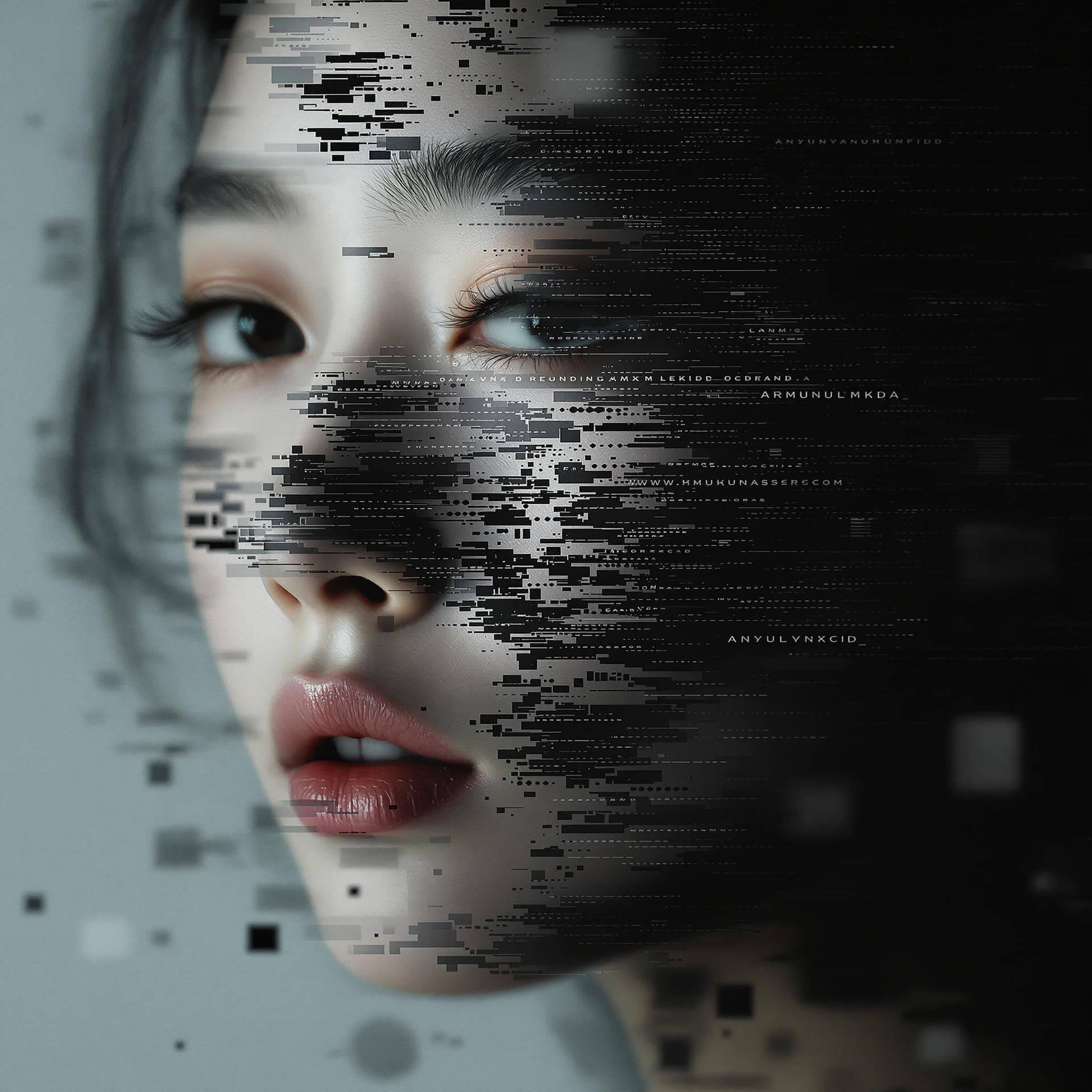 AI generated: A young Asian woman's face is covered with glitch effects, blurred in motion, surrounded by black ab...
