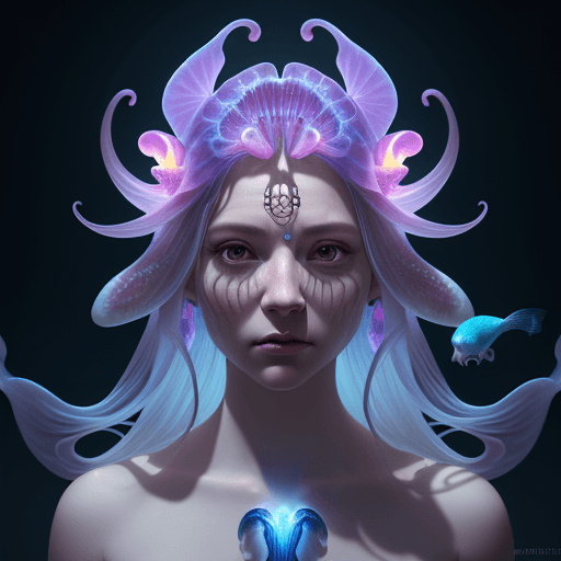 AI generated: Goddess close-up portrait ribcagel. jellyfish phoenix head, nautilus, orchid, skull, betta fish, bio...