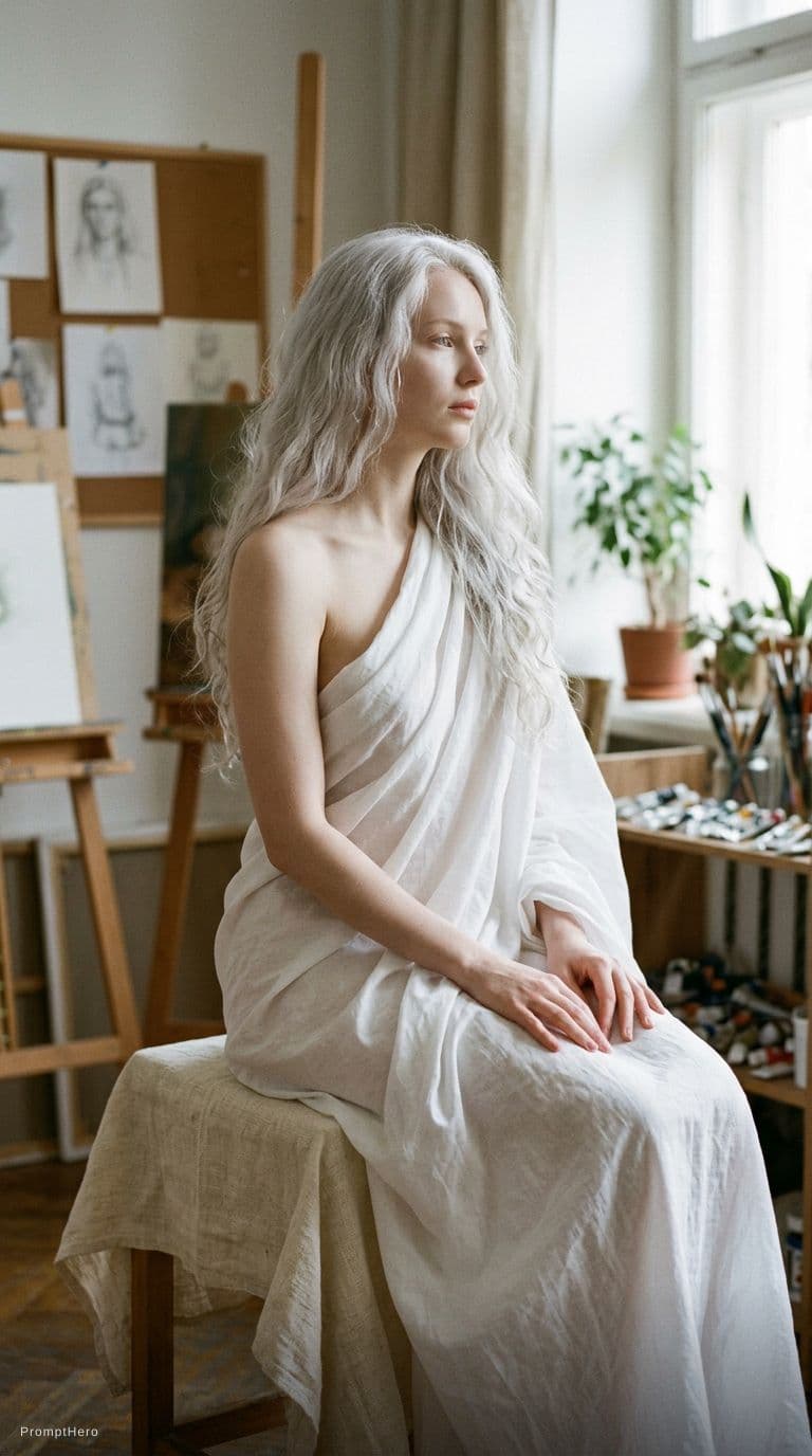 AI generated: 1 girl, naked, pale body, perfect figure, perfect medium breasts, white long hair, sexy, sexy pose