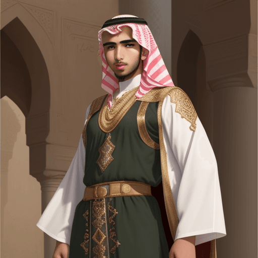 AI generated: A twenty-year-old Arab man, wearing old Arab dress, of strong stature, and brown eyes