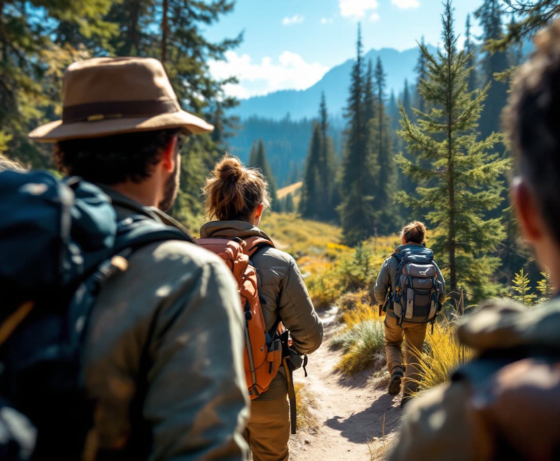 AI generated: 3 Hikers on a hiking trail, looking towards a fir forest, sunny day, blue sky, highly detailed, port...