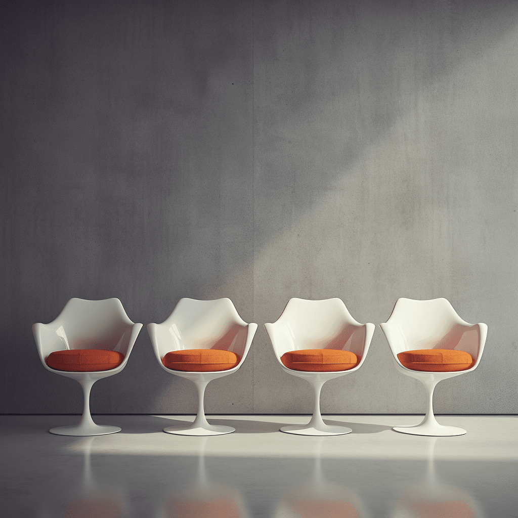 AI generated: 4 white tulip chairs with orange fabric in front of an empty wall. --v 5.2