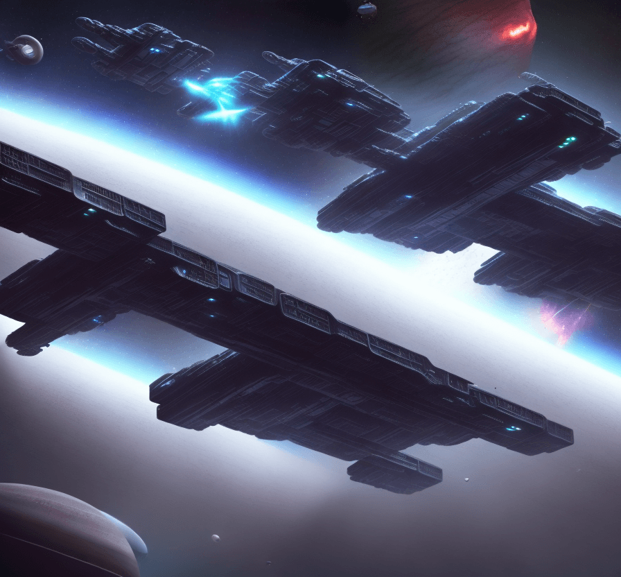 AI generated: a Nostromo like spaceship is cruising thru deep space toward a desert icy planet.. Futuristic city a...