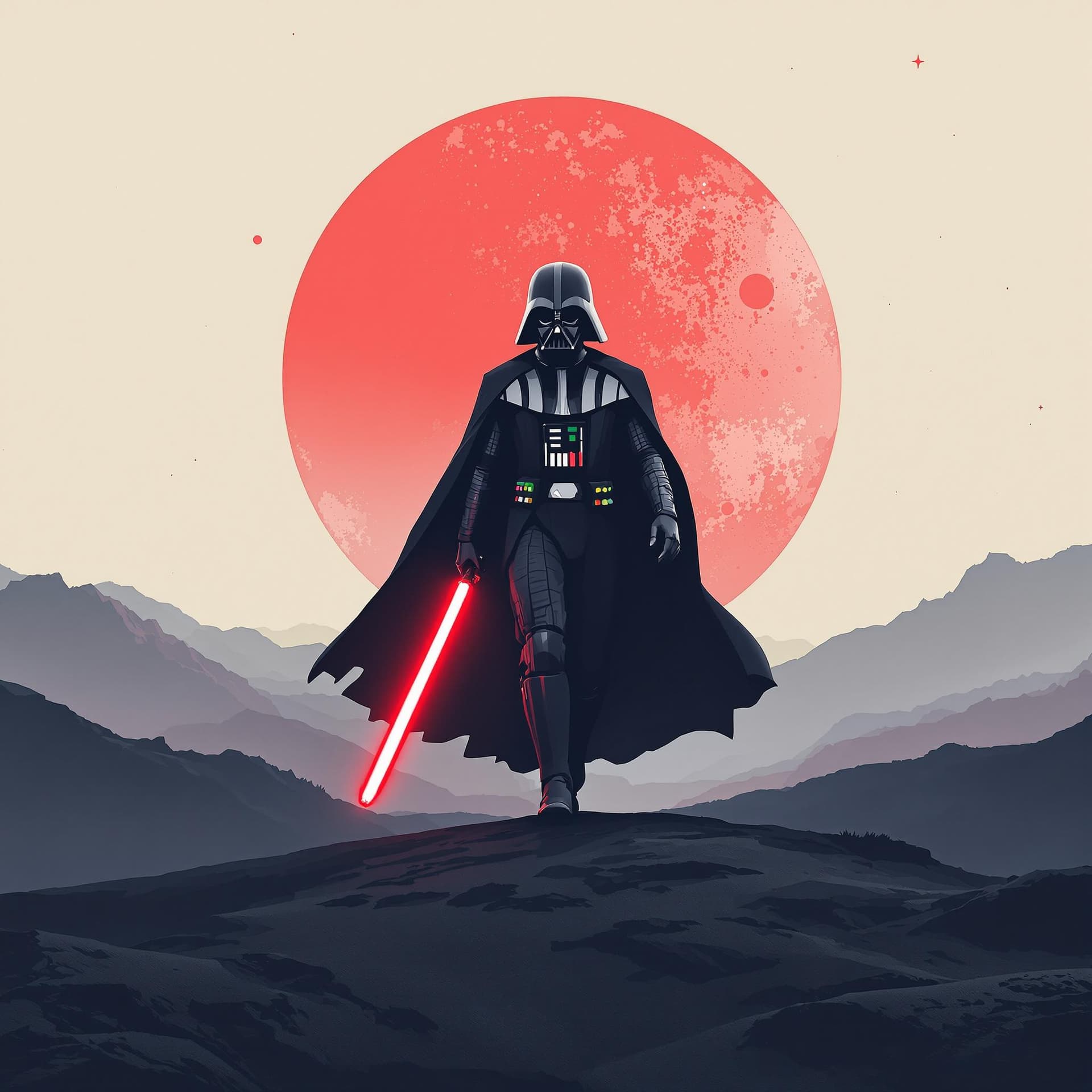 AI generated: minimalistic movie poster of star wars using soft and powerfull colours, where dark vador is walking...