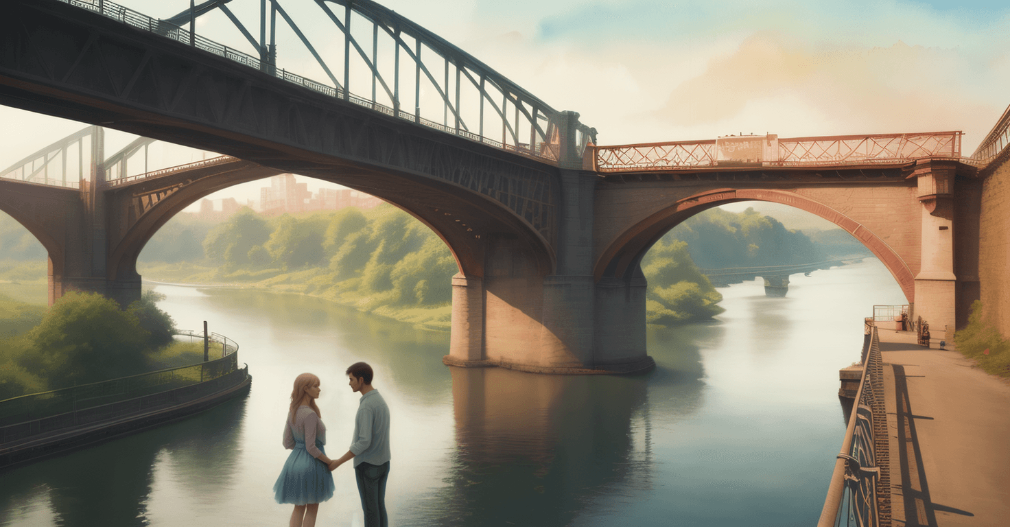 AI generated: (A Couple) standing in the bridge, watercolor painting, soft color, object-screen size 2/5 , bridge ...