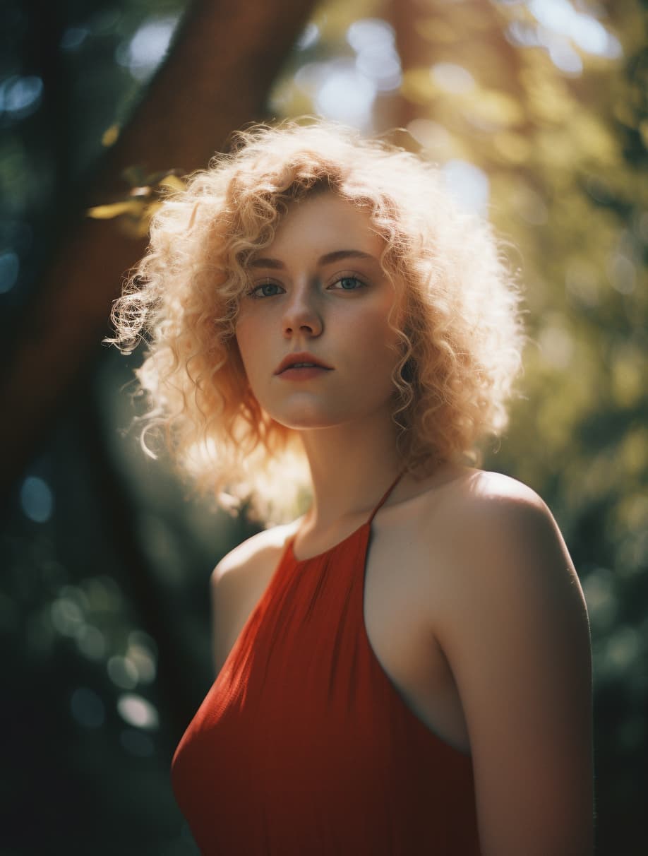 AI generated: a woman in a red tank top standing in front of a tree, a polaroid photo, inspired by Elsa Bleda, ren...