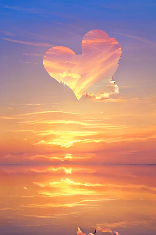 AI generated: Envision a serene dawn over a tranquil sea, where a heart-shaped cloud, ethereal and light, floats i...