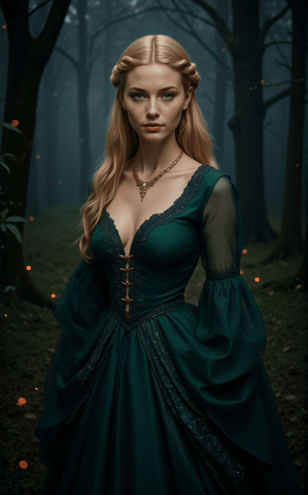 AI generated: A luminous Belgian princess stands poised in a shadow-laced enchanted forest, her vivid green eyes a...