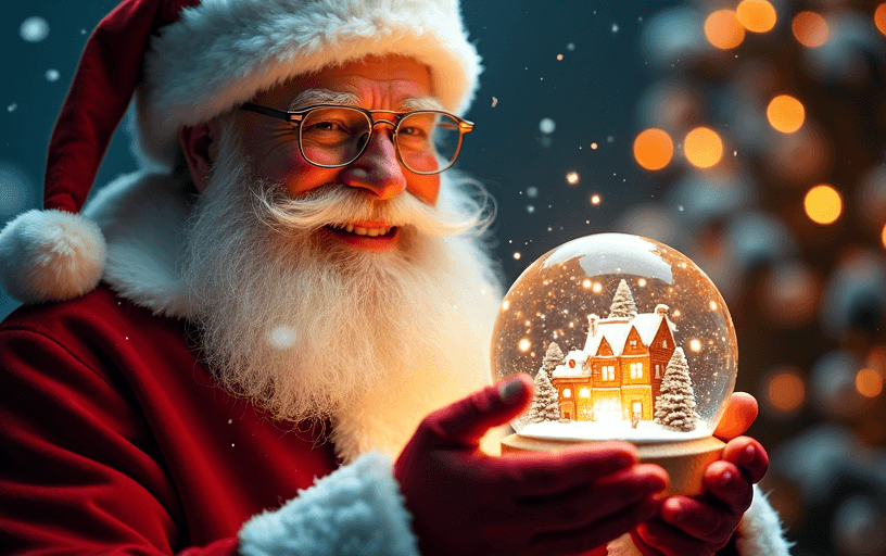 AI generated: A jolly Santa Claus with a long, white beard and half moon shaped  wire framed glasses that are perc...