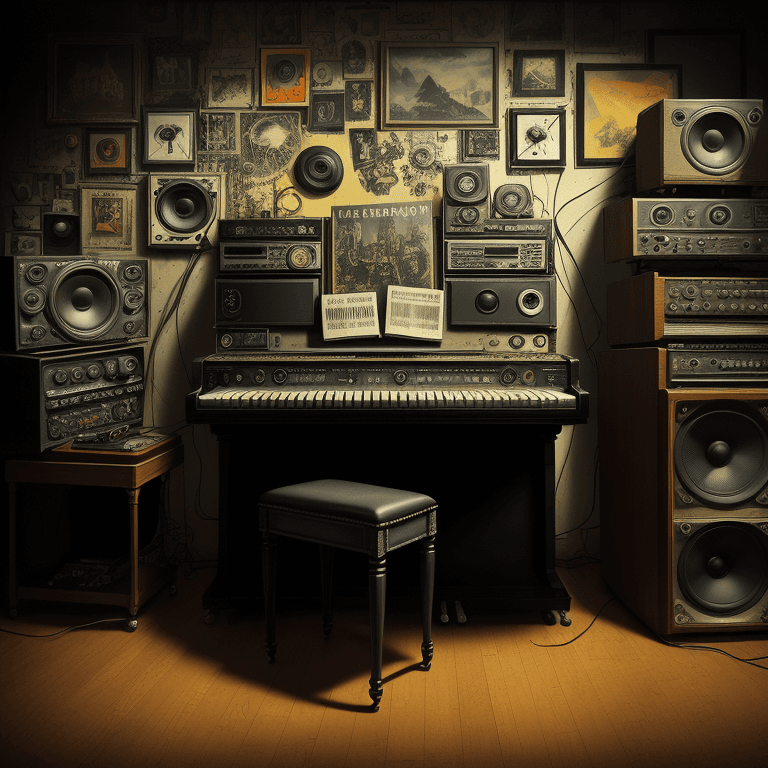 AI generated: music Album cover picture, punk, surreal art, oil picture, radio, speaker, computer, piano, organ, r...