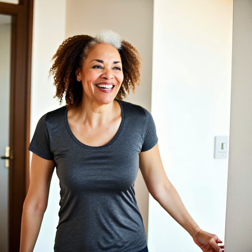 AI generated: Girl smiling, she entering the room slowly,each bounce and gravity effect is exaggerated and slow,as...