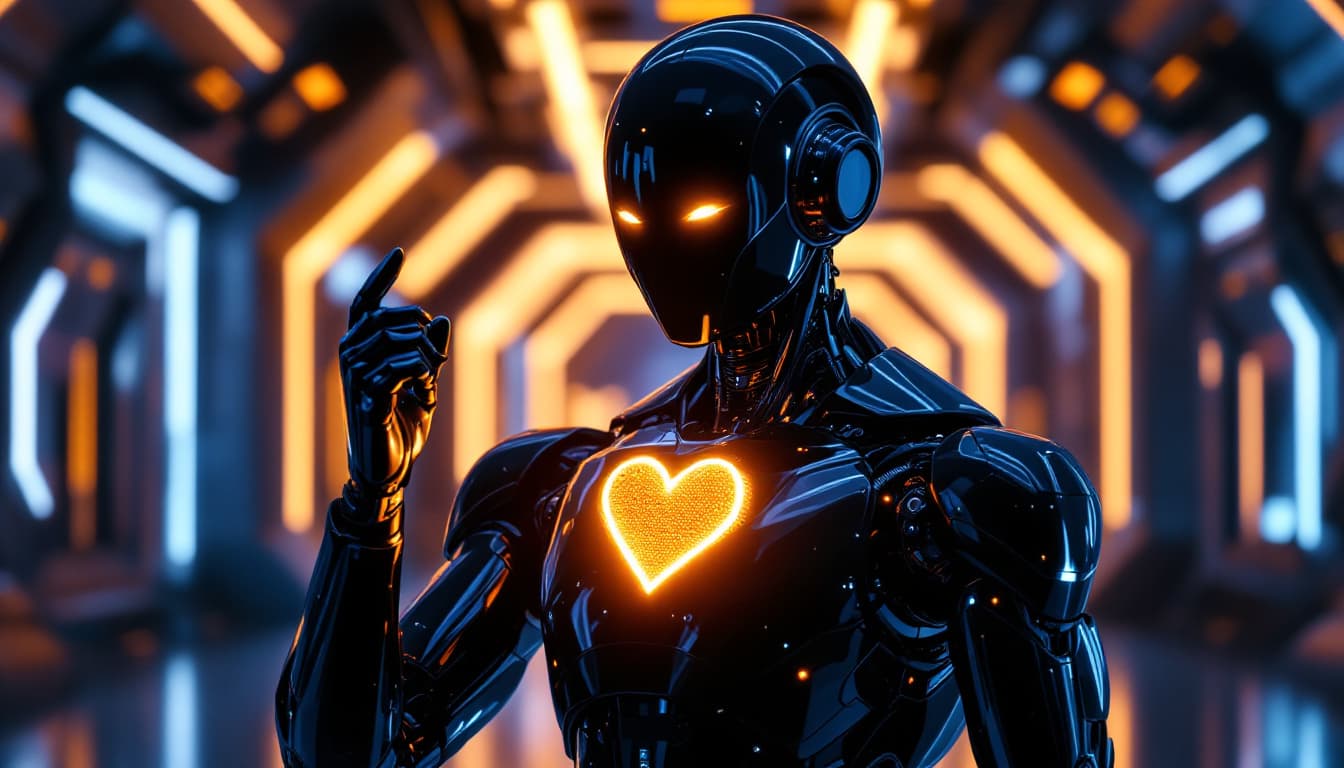 AI generated: A futuristic humanoid robot stands in a sleek, neon-lit environment, its glossy black surface glimme...