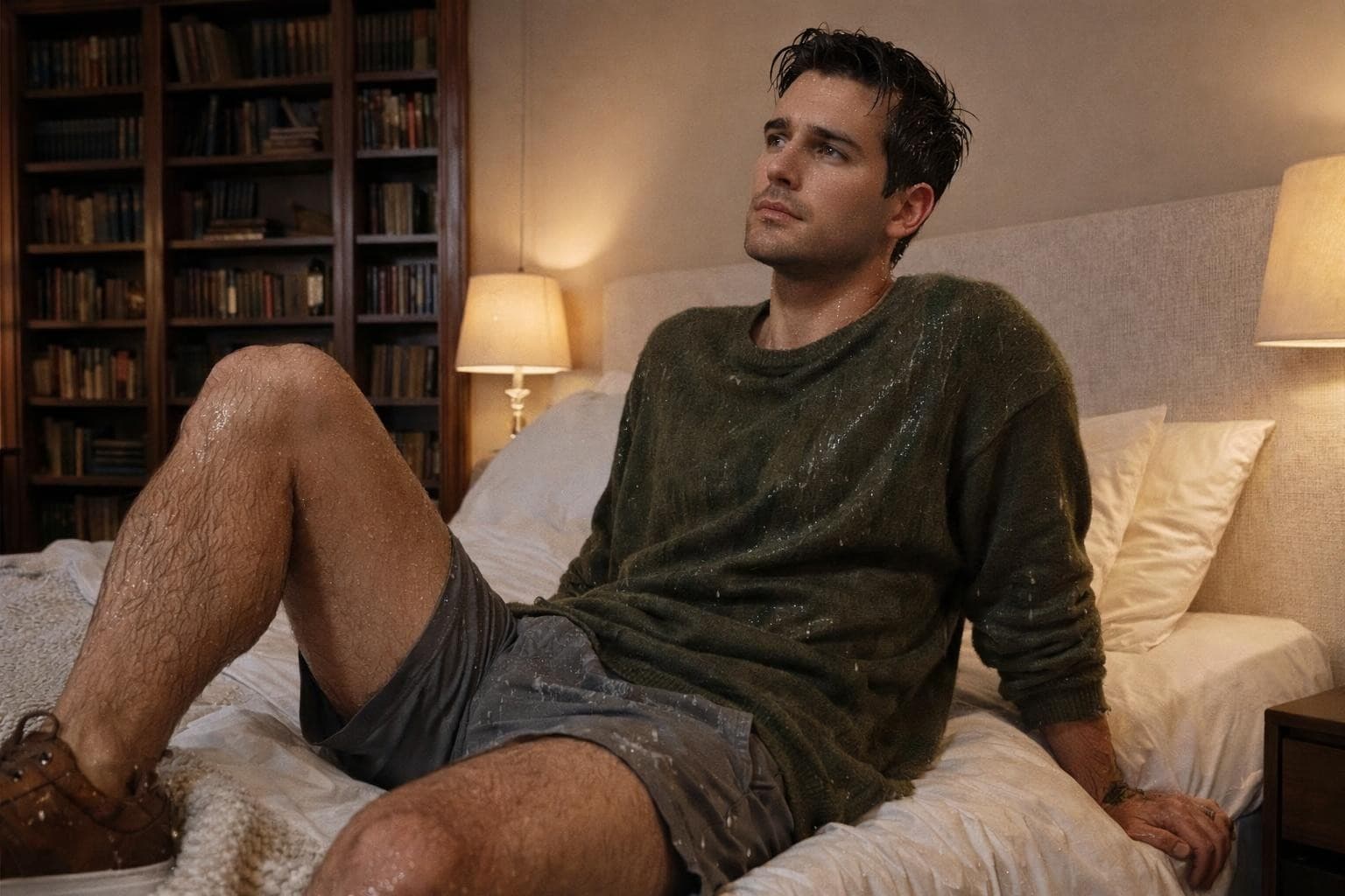 AI generated: The scene is in the bedroom. 

The model is sit up on the bed. He has a mellow expression on his fac...
