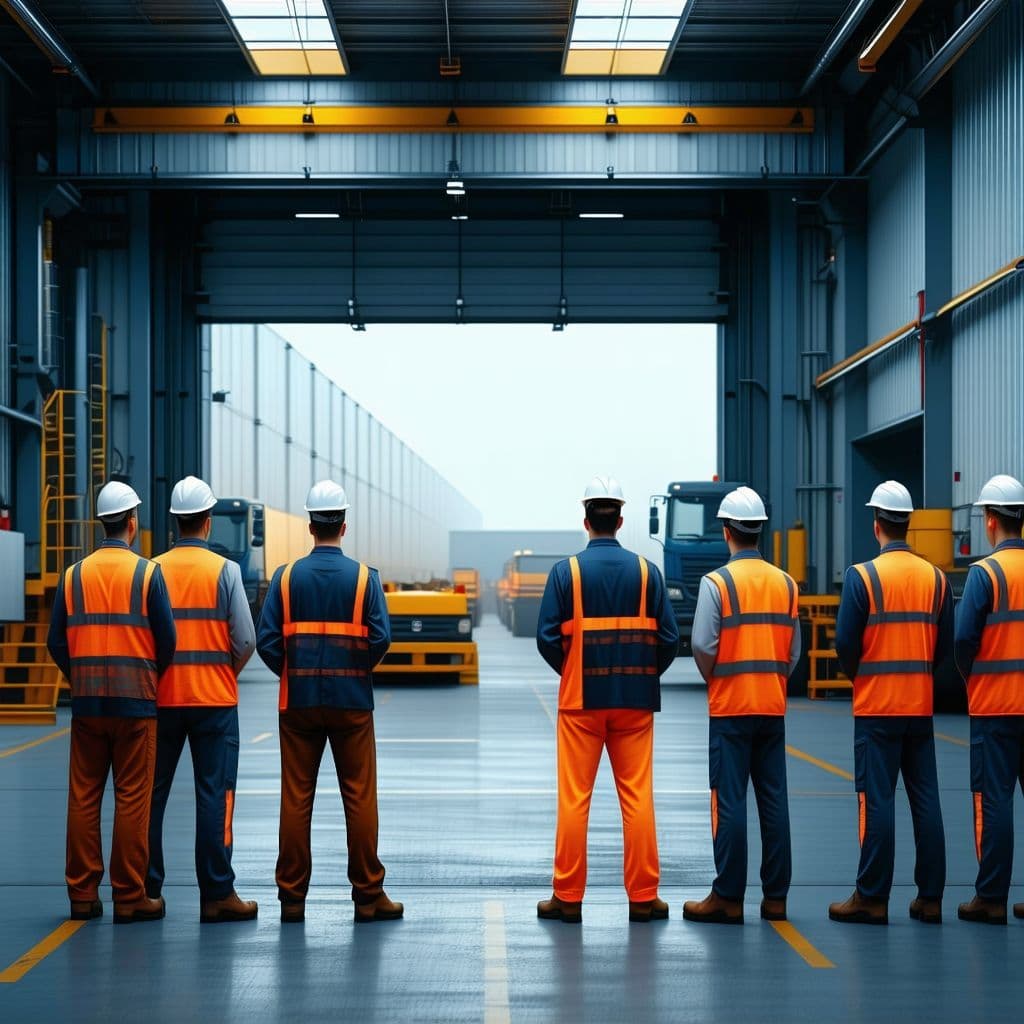 AI generated: In the photo, factory workers stand at the entrance and look into the camera: Cinematic photo, Best ...