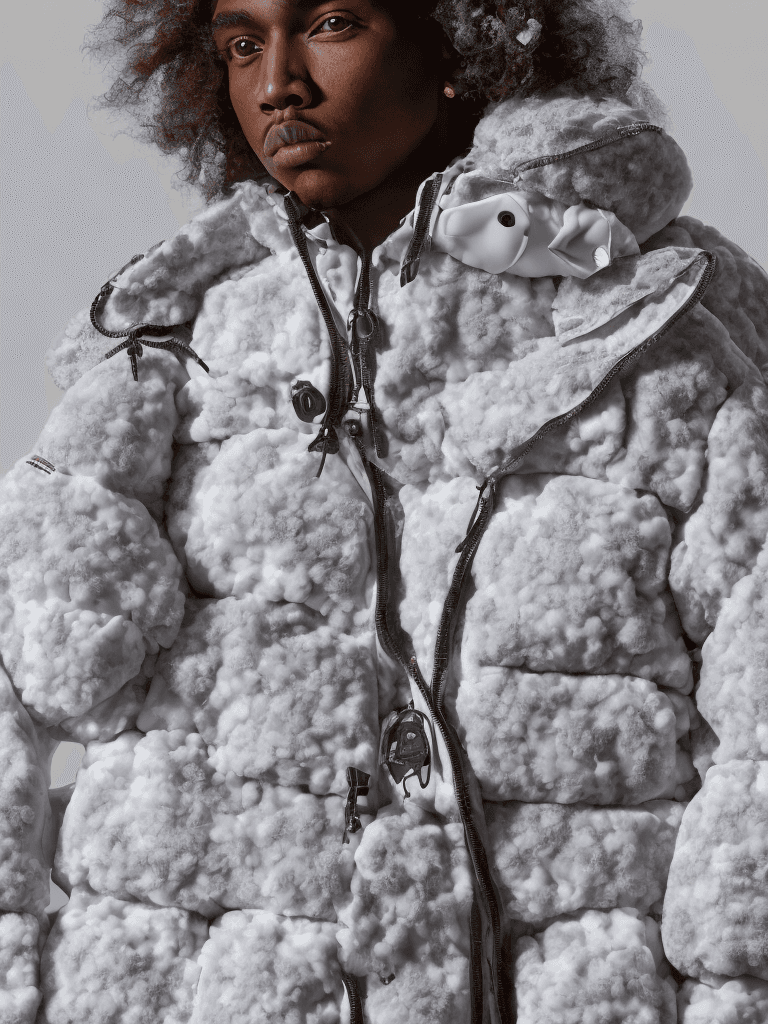 AI generated: milky Fubu winter puffer jacket, design trend, design by kanye west, on a white background, octane, ...