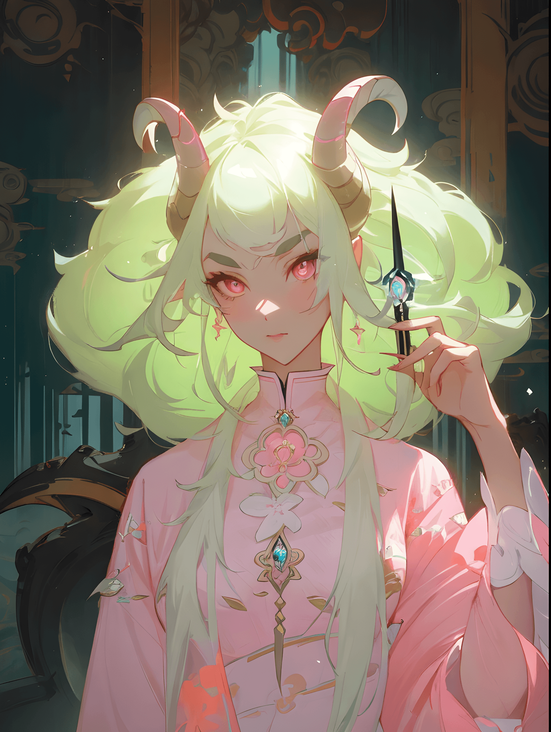 AI generated: a woman in a pink dress holding a pair of scissors, inspired by Yanjun Cheng, fantasy art, white hor...