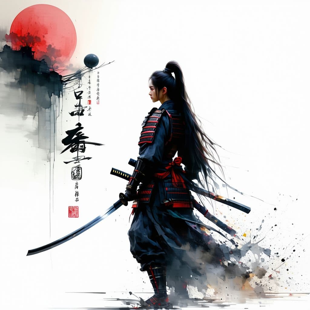 AI generated: 1 woman, weapon, long hair, black hair, white background, solo, looking at viewer, black eyes, tabi,...