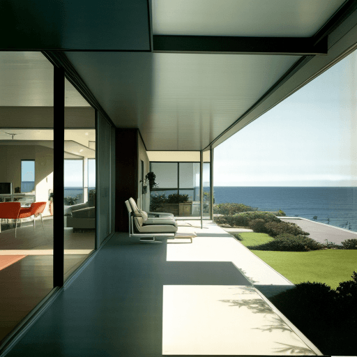 AI generated: Hyper realistic eye level exterior photo of a mid century modern style house overlooking the ocean, ...