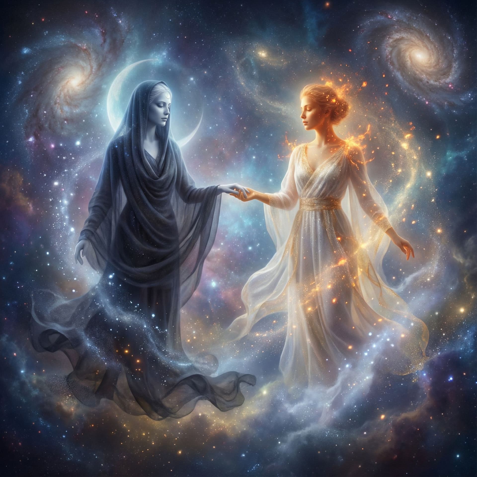 AI generated: Two ethereal human-like figures representing yin and yang, standing in a harmonious pose within a co...