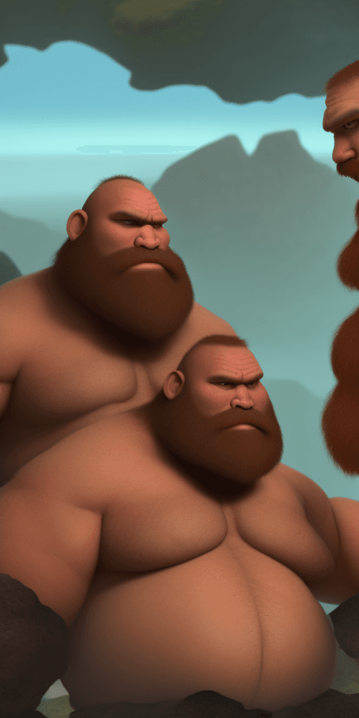 AI generated: two fat  neanderthal men are standing on the rocks near a cave, he has bald head, long red beard and...