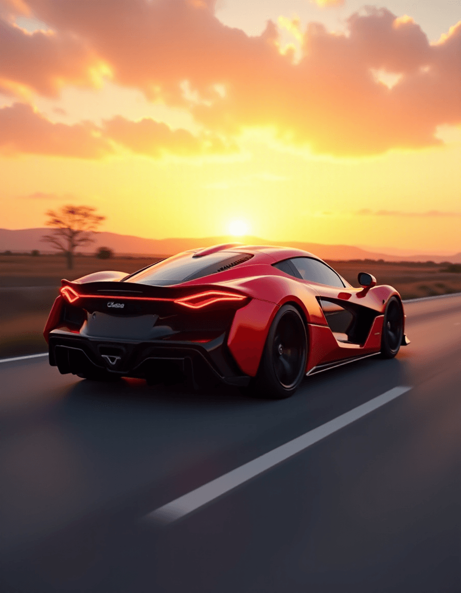 AI generated: photo of a supercar, 8k uhd, high quality, road, sunset, motion blur, depth blur, cinematic, filmic ...