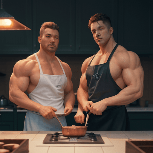 AI generated: two handsome muscle guys cooking in the kitchen, board game cover, pale sunrise, cinematic lighting,...