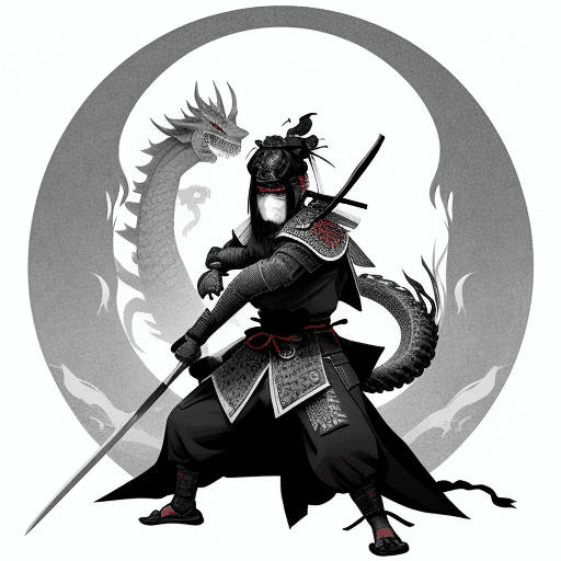 AI generated: japanese samurai in front of a dragon, in the style of minimalist ink wash, 2d game art, witchcore, ...