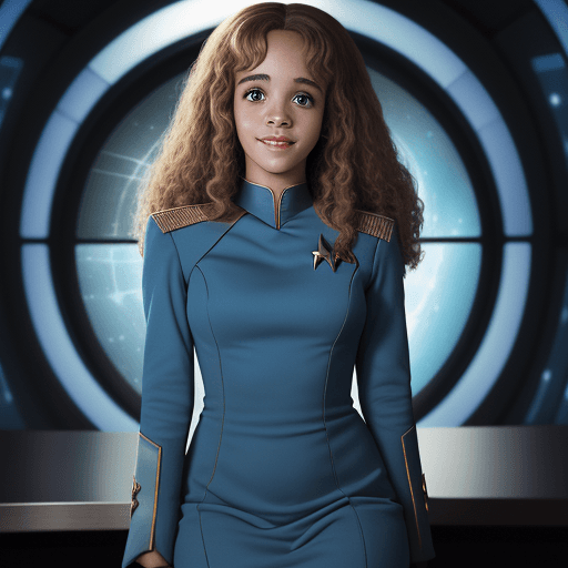 AI generated: 1969 portrait of Hermione Granger, Star Fleet, smiling, wearing an all-blue minidress uniform, Star ...