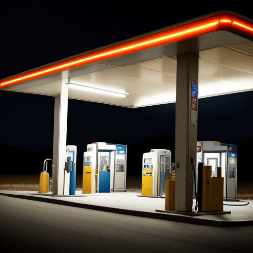 AI generated: A small empty gas station in the middle of nowhere at night, illuminated by warm lights from inside