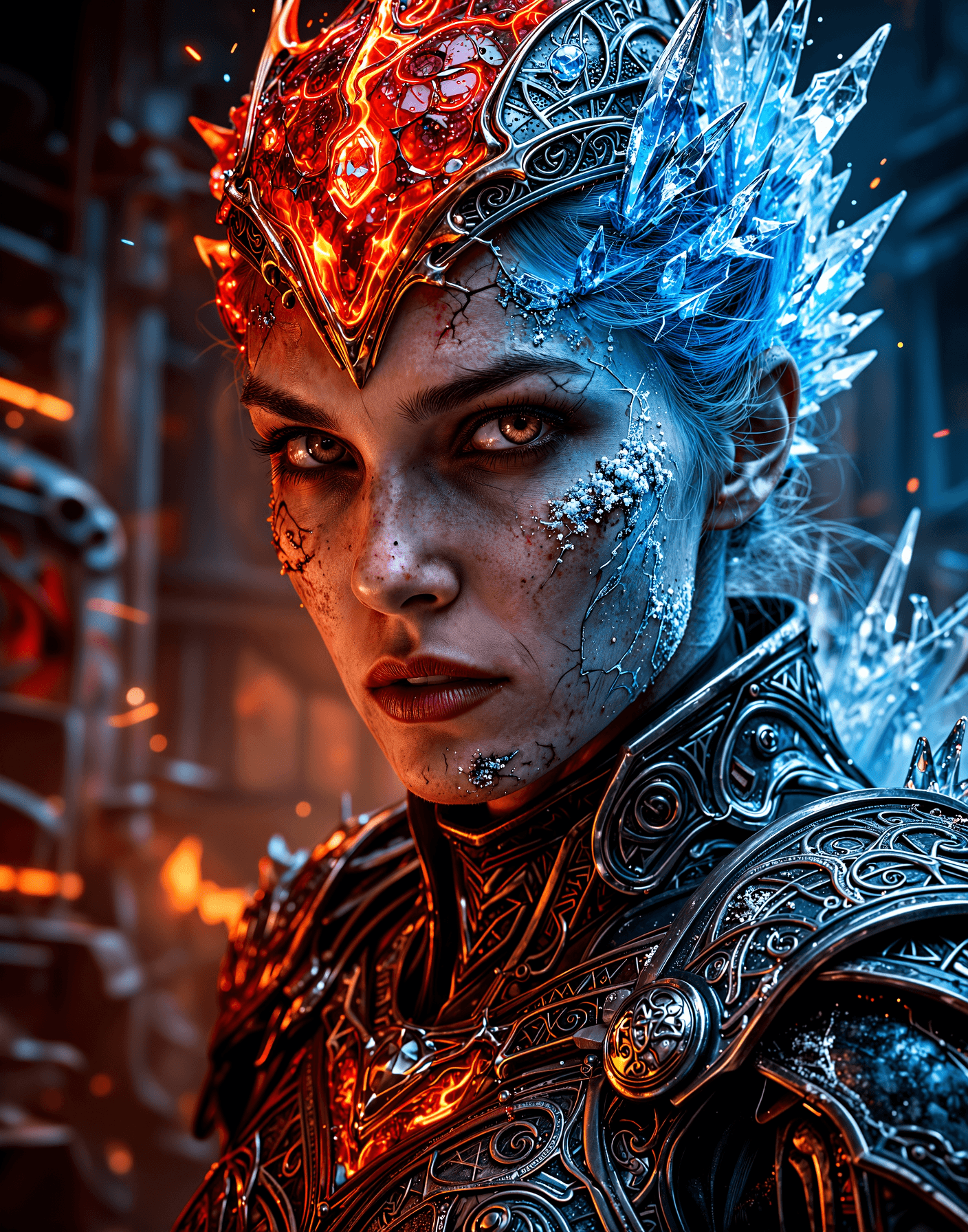 AI generated: A formidable female warrior with intense eyes and weathered yet powerful features, clad in layered d...