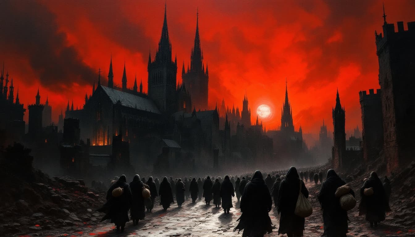 AI generated: a painting of a dark, medieval gothic cityscape with a fiery red sky. The city is painted in dark co...