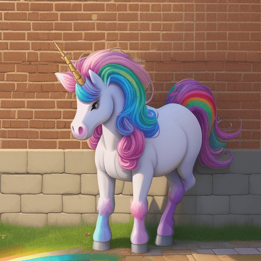 AI generated: a unicorn with a rainbow mane doing some bricklaying on a low wall