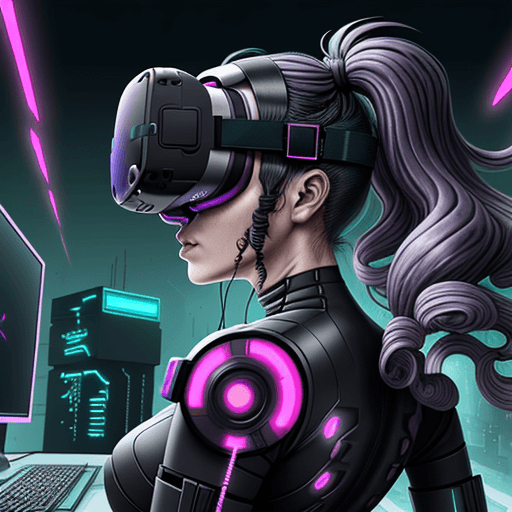 AI generated: A cyber punk woman facing forwards with a vr headset on with a crazy look and slightly wavy hair dra...