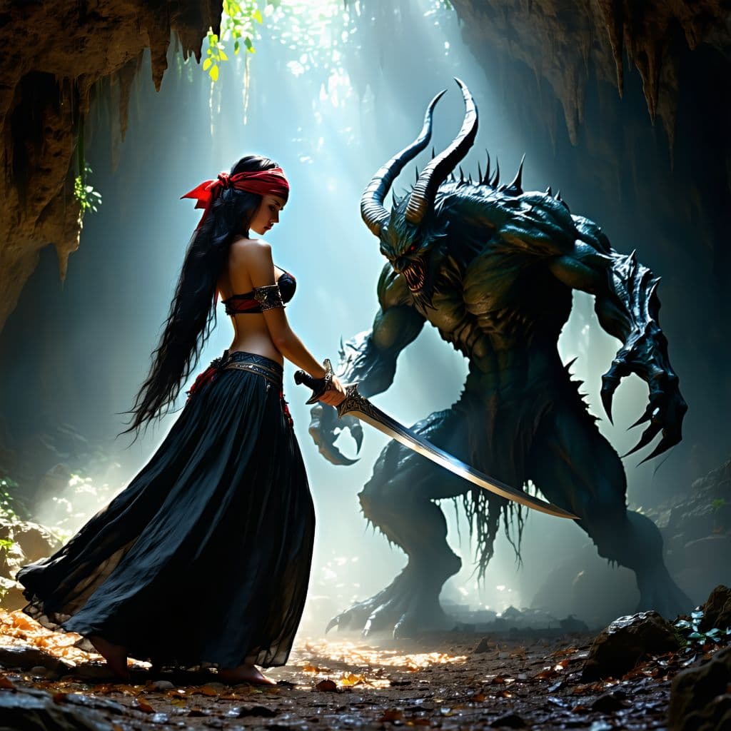 AI generated: A photorealistic and detailed scene of a woman, long black hair, red bandana, black bejeweled bra, a...