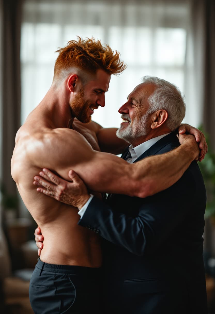 AI generated: high-resolution photo, two men embrace dancing, muscular male with reddish blonde hair, elderly man ...