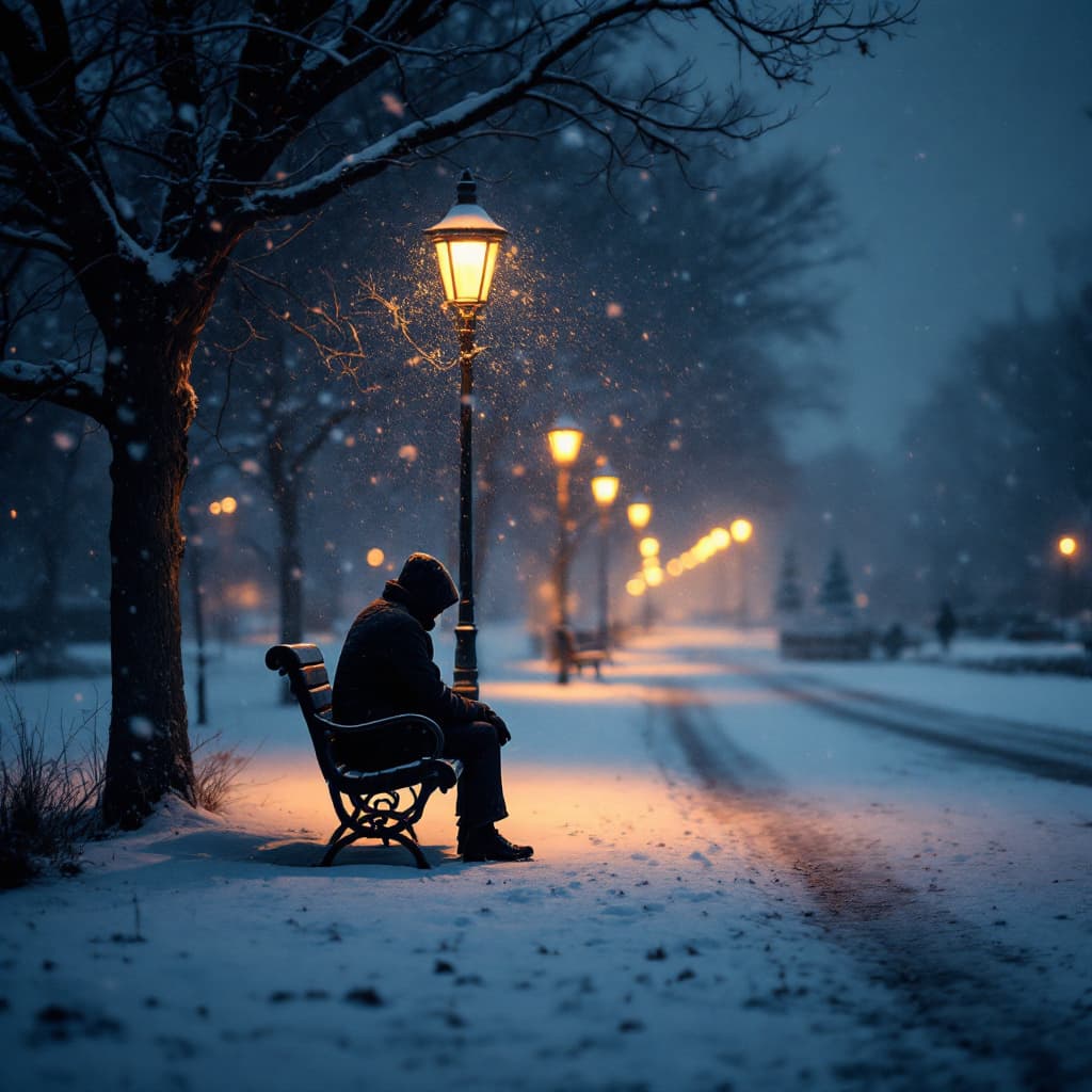AI generated: Person sitting on the bench, with street lamp illuminating, in park, while snow falls, cover, detail...