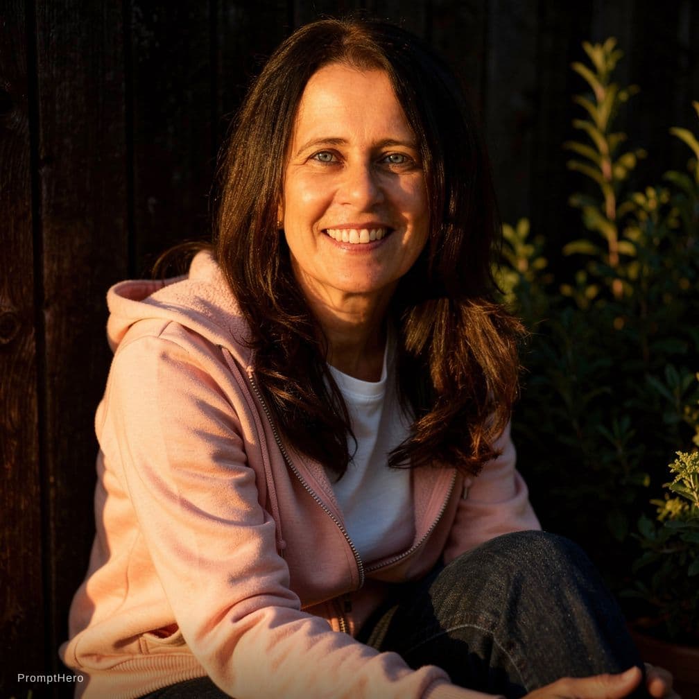 AI generated: A photorealistic close-up portrait of an adult woman sitting outdoors, bathed in warm, golden sunlig...