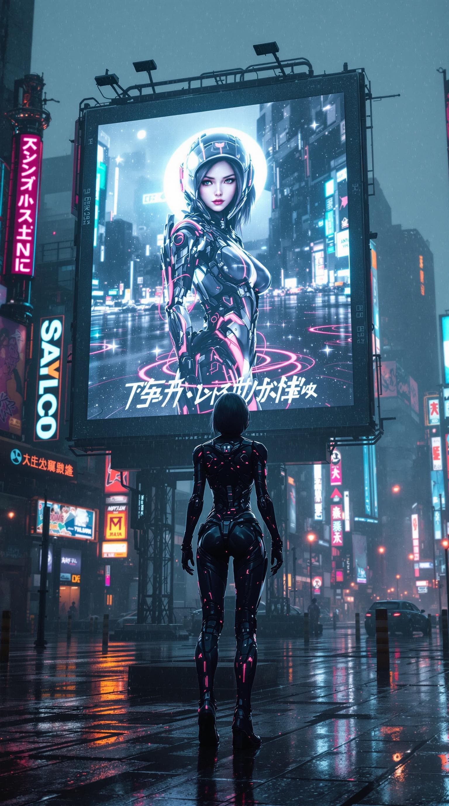 AI generated: cyborg girl standing in a rainy gloomy city watch a video on a huge billboard in a futuristic city l...