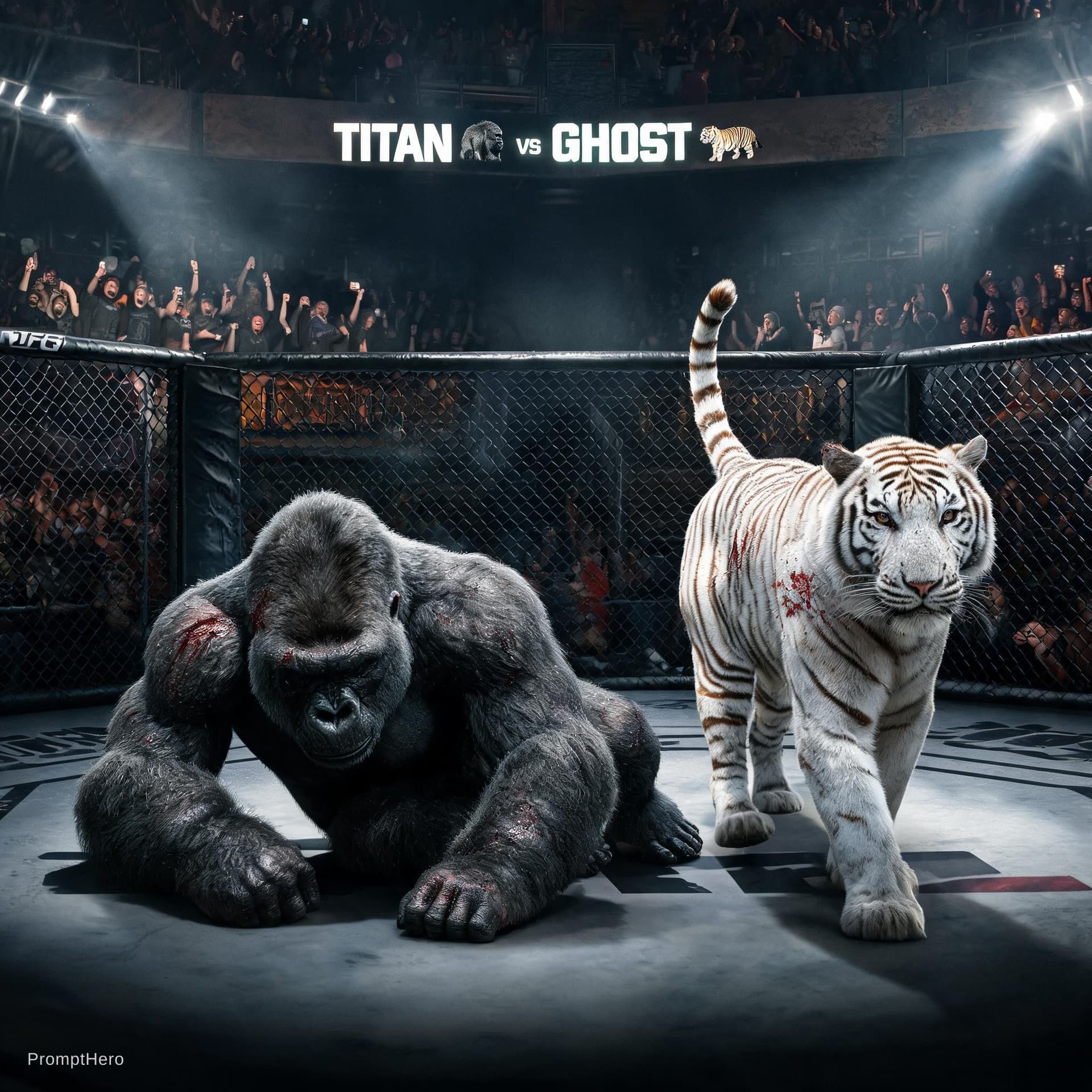 AI generated: Ultra realistic UFC-style animal fight in a dark underground arena. A massive silverback gorilla nam...