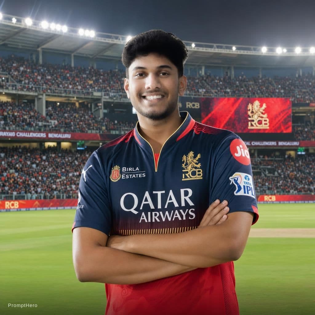AI generated: Realistic HD cricket ground with RCB jersey .