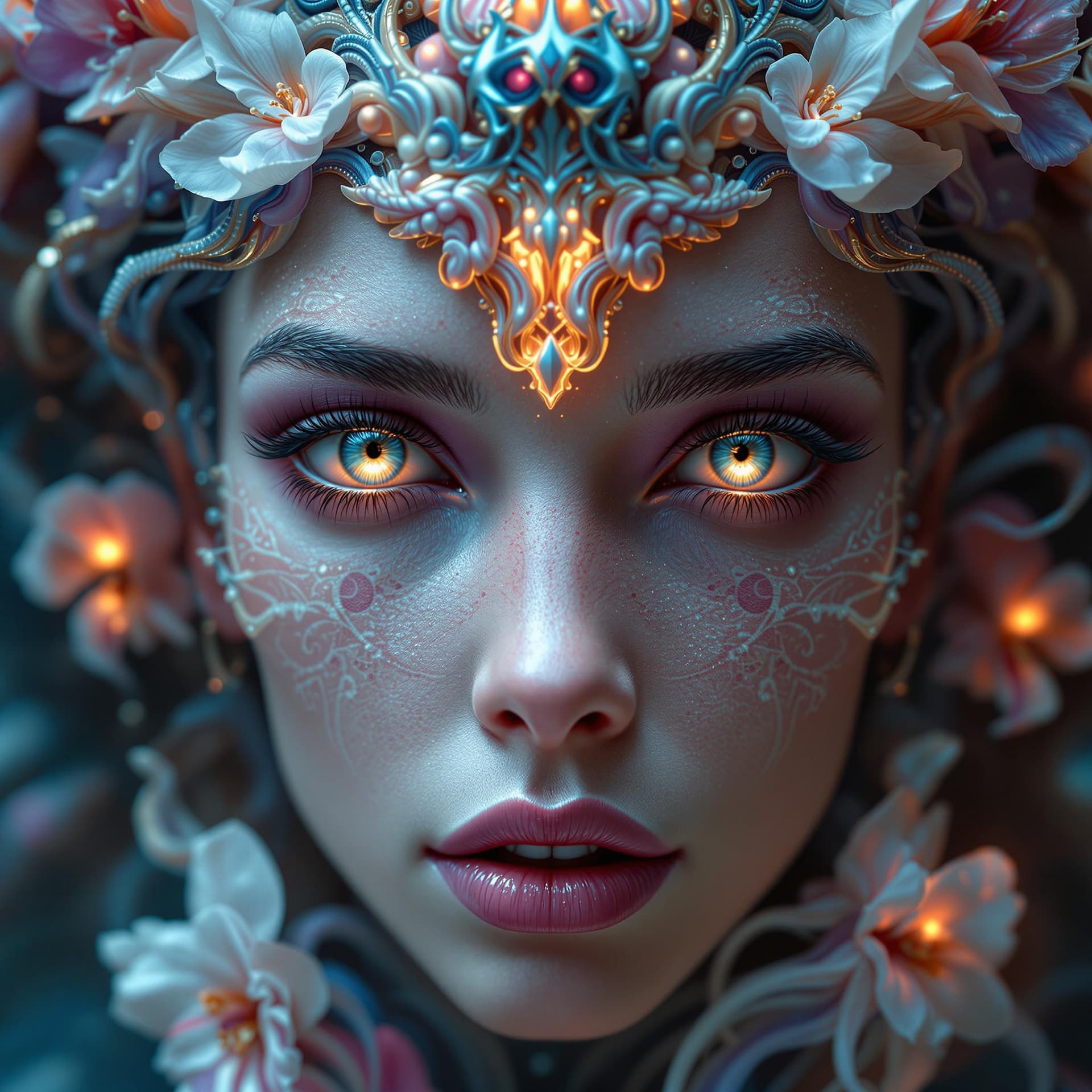 AI generated: Goddess close-up portrait ribcagel. jellyfish phoenix head, nautilus, orchid, skull, betta fish, bio...