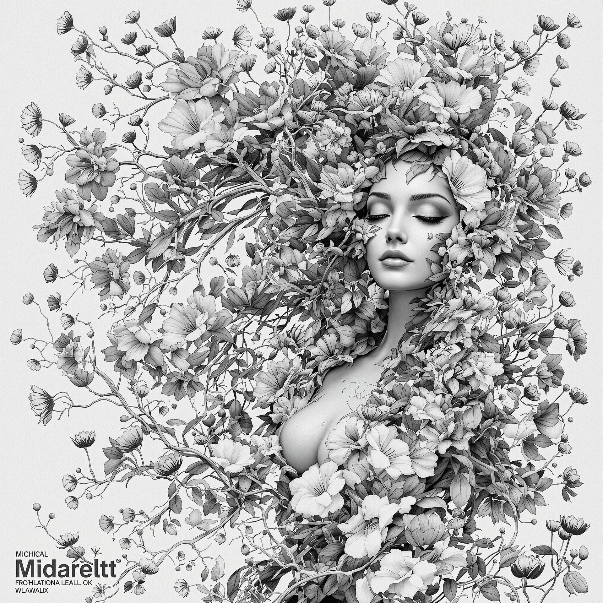 AI generated: 3d woman in flowers with human and flower shaped branches, in the style of medical imaging film, det...