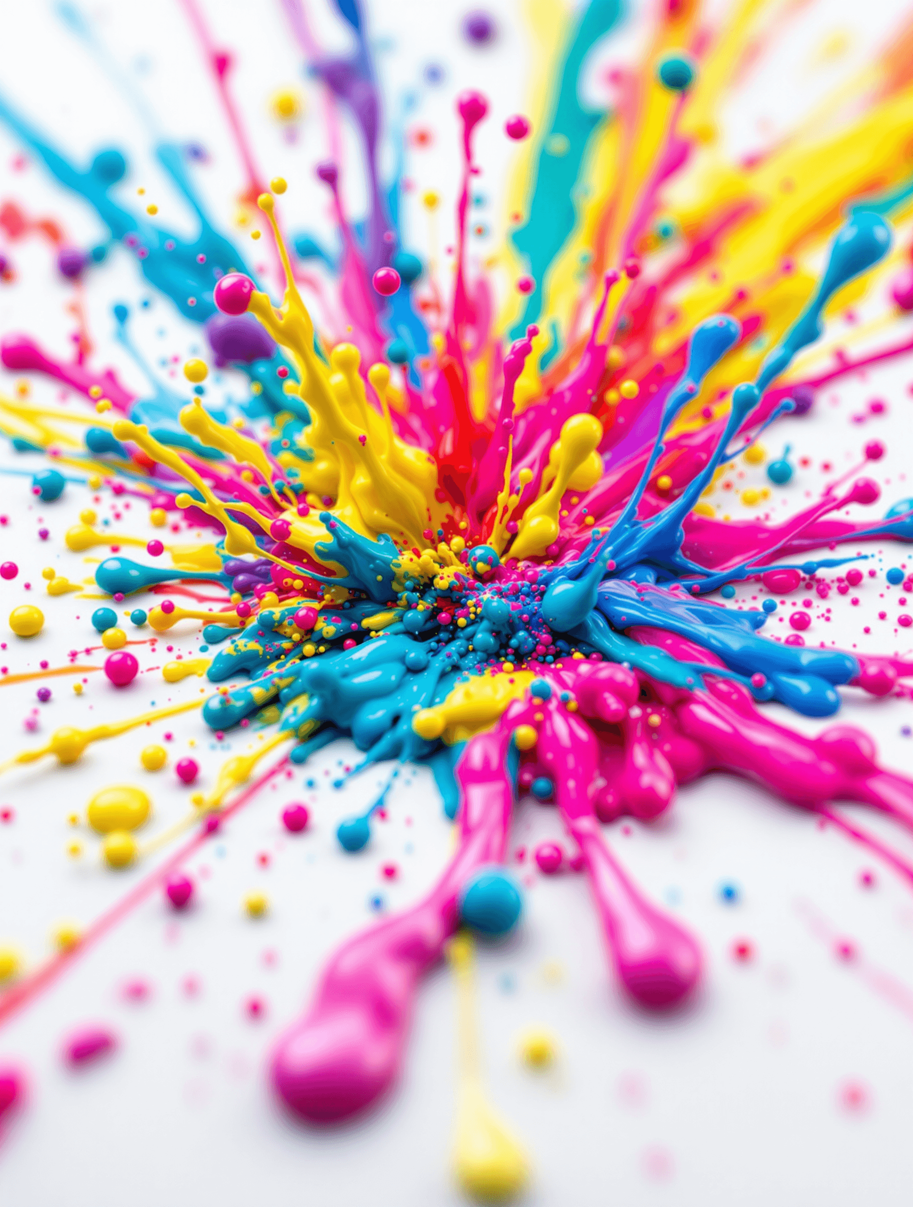AI generated: A high-detail macro photograph of vibrant, colorful paint splatter on a smooth surface. The image ca...