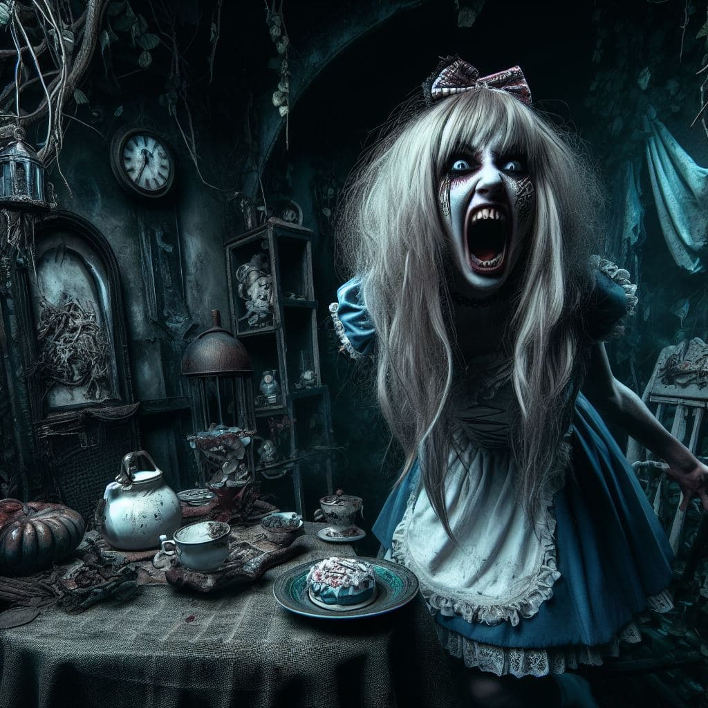 AI generated: heavy nightmare Version of alice in Wonderland, photorealism, fantasy, dynamic lighting, very high d...