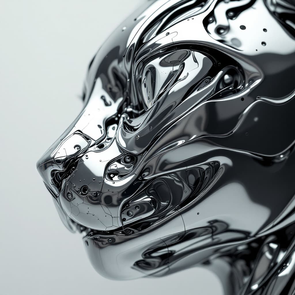 AI generated: highly reflective, polished metal cat face, distorted and twisted into abstract shapes, reflecting a...