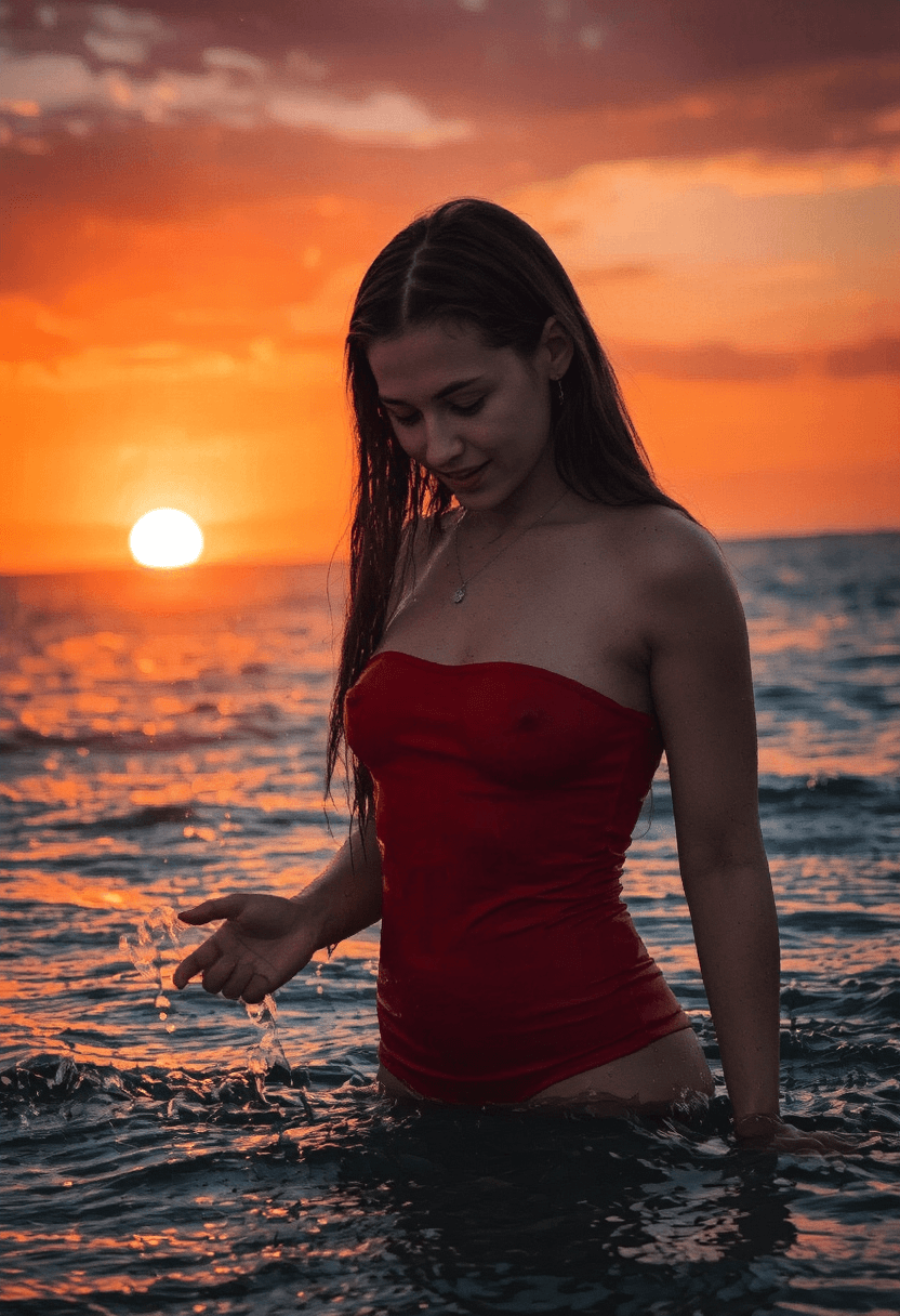 AI generated: A cinematic medium shot of a young woman with fair skin and long, wet dark brown hair standing waist...